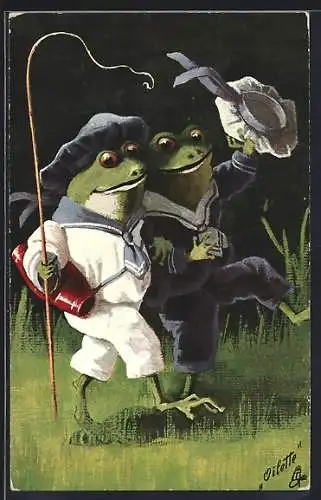 Künstler-AK Frösche in Matrosenanzug auf dem Weg in die Ferien