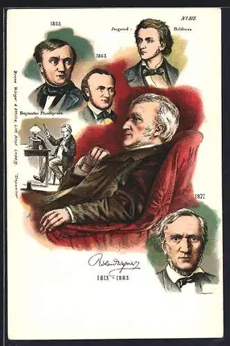Künstler-Lithographie Richard Wagner, Bayreuter Musikprobe, Jugendbildnis, 1853, 1863, 1877