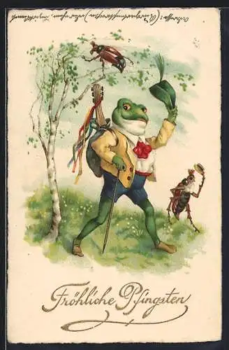 AK vermenschlichter Frosch zieht als Wanderbursche seinen Hut, Maikäfer, Pfingsten