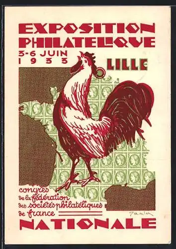 AK Lille, Exposition Philatelique Nationale 1933, krähender Hahn