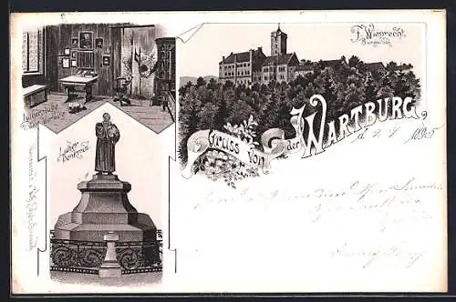 Vorläufer-Lithographie Wartburg, 1895, Lutherstube, Luther-Denkmal