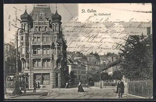 AK St. Gallen, St. Gallerhof mit Strassenbahn