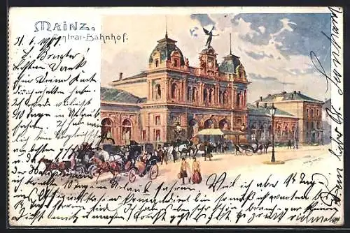 Künstler-AK Mainz, Central Bahnhof, Pferdegespanne