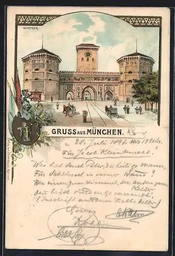 Lithographie München, Strassenpartie am Isarthor