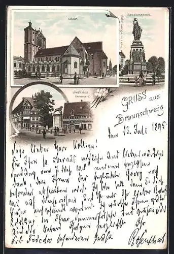 Vorläufer-Lithographie Braunschweig, 1895, Dom, Löwensäule, Siegesdenkmal