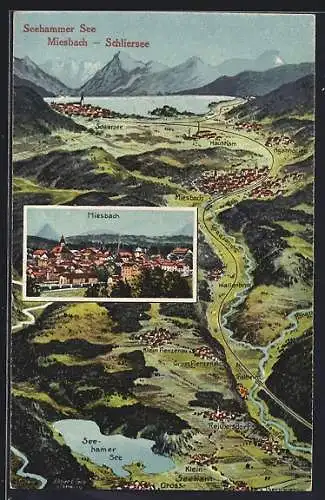 Künstler-AK Eugen Felle: Miesbach, Umgebungskarte vom Seehammer See bis bis zum Schliersee, Landkarte