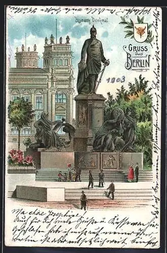 Lithographie Berlin-Tiergarten, Besucher vor dem Bismarck-Denkmal