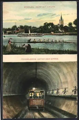 AK Berlin-Friedrichshain, Stralau, Dorf mit Kirche, Tunnelbahn unter der Spree