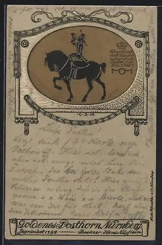 Künstler-AK Nürnberg, Gasthaus Goldenes Posthorn, Postbote zu Pferde