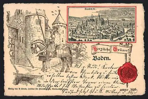 Lithographie Baden-Baden, Blick auf den Ort anno 1626 mit Ritter auf Pferd