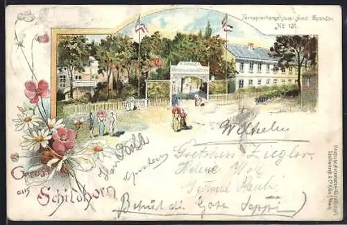 Lithographie Berlin-Schildhorn, Gasthaus Schildhorn v. R. Schmidt