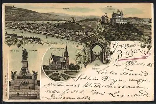 Lithographie Bingen / Rhein, Hotel Rochusberg, National Denkmal, Rochuskapelle Ostseite