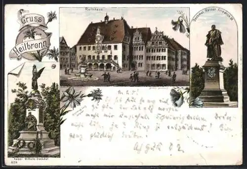 Lithographie Heilbronn, Rathaus, Denkmal Kaiser Friedrich III., Kaiser Wilhelm-Denkmal