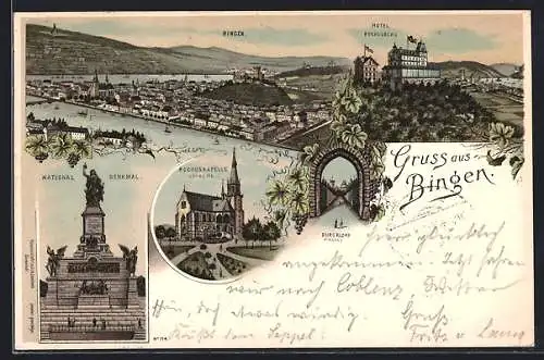 Lithographie Bingen / Rhein, Hotel Rochusberg, National Denkmal, Rochuskapelle Ostseite