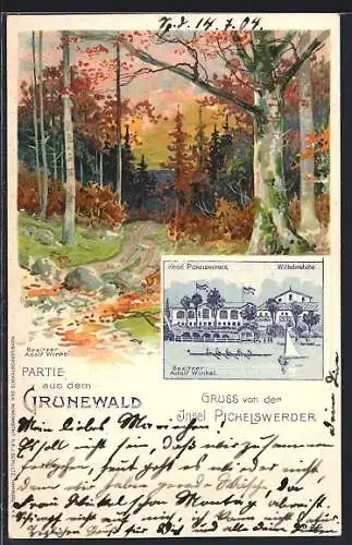 Lithographie Berlin-Pichelswerder, Gasthaus zum Freund, Herbstlicher Wald