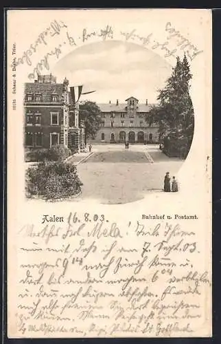 AK Aalen, Bahnhof und Postamt mit Strasse und Anlage