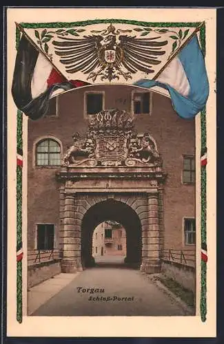 AK Torgau, Schloss-Portal mit Wappen und Flaggen