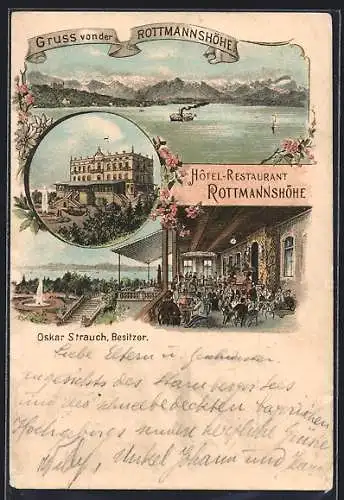 Lithographie Berg / Starnberger See, Hotel Rottmannshöhe v. Oskar Strauch, Innenansicht, Gebirgspanorama