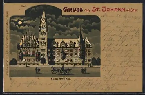 Mondschein-Lithographie St. Johann / Saarbrücken, Neues Rathaus