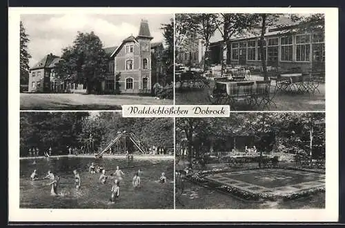 AK Dobrock bei Wingst, vor dem Waldschlösschen, Gartenlokal, Badegäste im Freibad