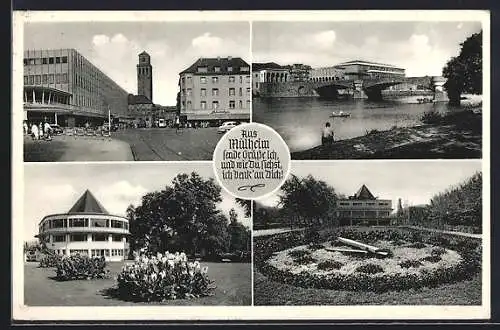 AK Mülheim / Ruhr, Strassenpartie, Blumenuhr, Brücke, Gebäudeansicht