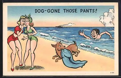 AK Ein Hund klut einem Schwimmer die Hose, die dieser am Strand gelassen hat, Bademode