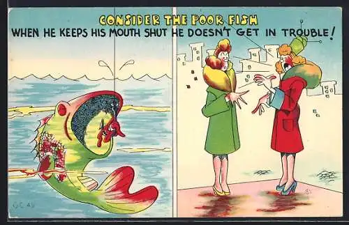 AK Consider the poor fish, Fisch schnappt nach einem Haken, zwei Frauen im Gespräch, Scherz