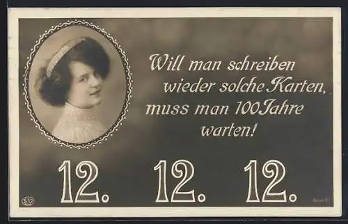 AK Besonderes Datum 12.12.1912, Portrait einer jungen Frau
