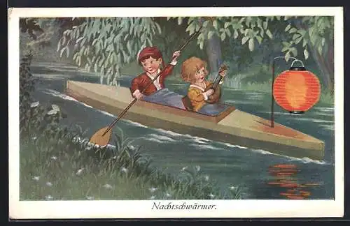 AK Nachtschwärmer, Kleines Paar in Kajak mit Lampion