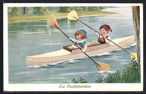 AK Ein Paddelpärchen, Kinder fahren mit einem Kanu