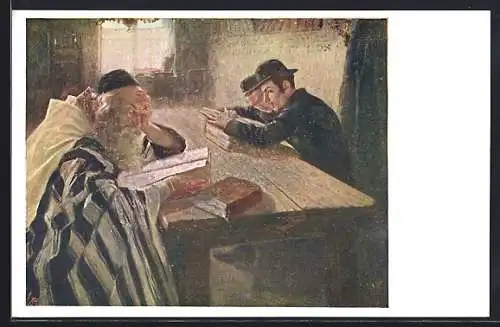 Künstler-AK Zakazana lektura, Zwei junge Juden mit Rabbiner im Studierraum