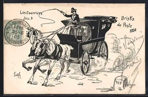 Künstler-AK Les Courriers, Briska de Poste 1830, Postkutsche, Zweiergespann
