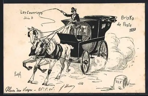 Künstler-AK Les Courriers, Briska de Poste 1830, Postkutsche, Zweiergespann