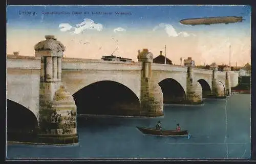 AK Leipzig, Zeppelin fliegt über der Zeppelinbrücke
