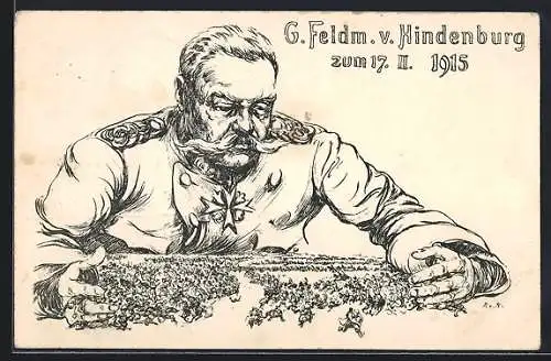 Künstler-AK G. Feldm. Paul von Hindenburg mit Pour le Merite schaut auf die Soldaten herab