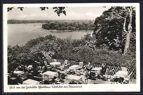 AK Berlin-Wannsee, Blick von der Gaststätte Blockhaus Nikolshoe zur Pfaueninsel