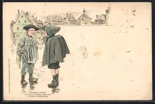 Lithographie Dorfpartie mit Kindern in elsass-lothringischer Tracht