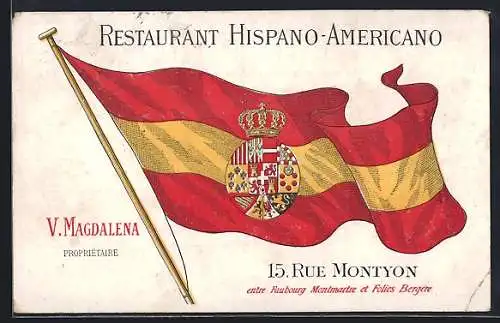 AK Paris, Restaurant Hispano-Americano, 15 Rue Montyon, Fahne mit Wappen