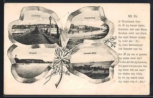 AK Sonderburg, Brücke, Augustenburg und Mummark-Fähre im Kleeblatt, Passepartout