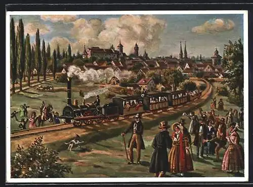 Künstler-AK Erste deutsche Eisenbahn Ludwigsbahn, zw. Nürnberg u. Fürth, 100 Jahre deutsche Eisenbahn