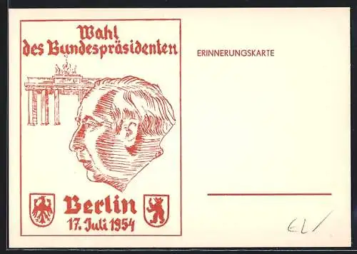 AK Berlin, Wahl des Bundespräsidenten 1954, Brandenburger Tor, gedruckt in brauner Farbe