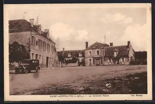 AK Saint-Hippolyte, La Grande Place avec hôtel et voiture ancienne