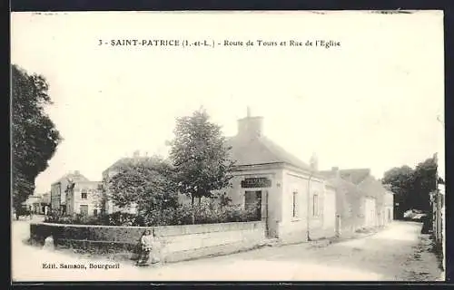 AK Saint-Patrice, Route de Tours et Rue de l`Église avec bâtiments et arbres