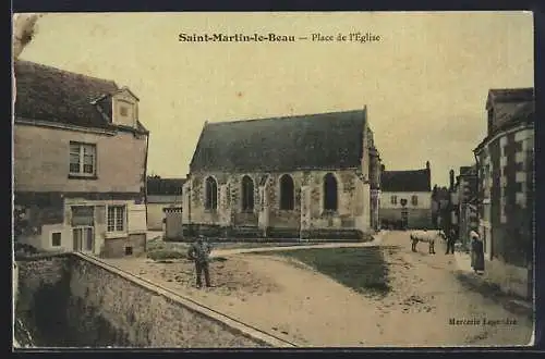 AK Saint-Martin-le-Beau, Place de l`église avec bâtiments environnants et cheval