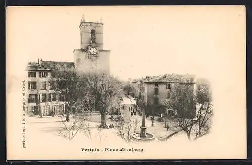 AK Pertuis, Place Mirabeau avec l`église et la place animée