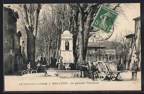 AK Bollène, La grande Fontaine et scène de rue animée
