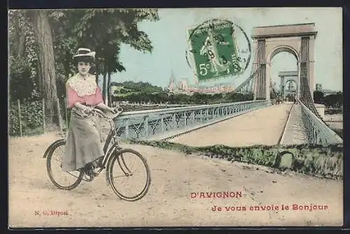 AK Avignon, Je vous envoie le Bonjour, Femme à vélo sur le pont