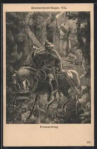 Künstler-AK Fremersberg, Schwarzwald-Sagen VII, Mann zu Pferd mit Horn