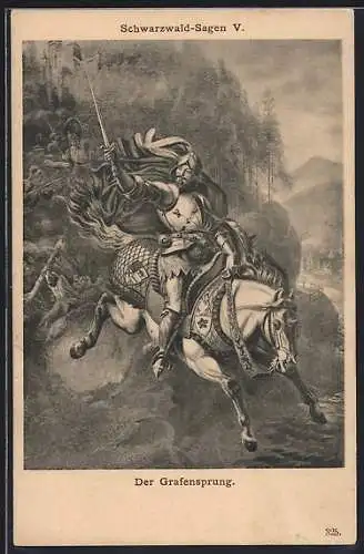 Künstler-AK Der Grafensprung, Schwarzwald-Sagen, Reiter in Rüstung mit Schwert
