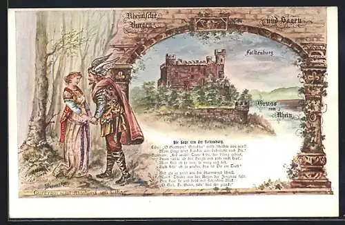 Lithographie Trechtingshausen, Falkenburg, Guntram nimmt Abschied von Soiba, Rheinpartie, Sage